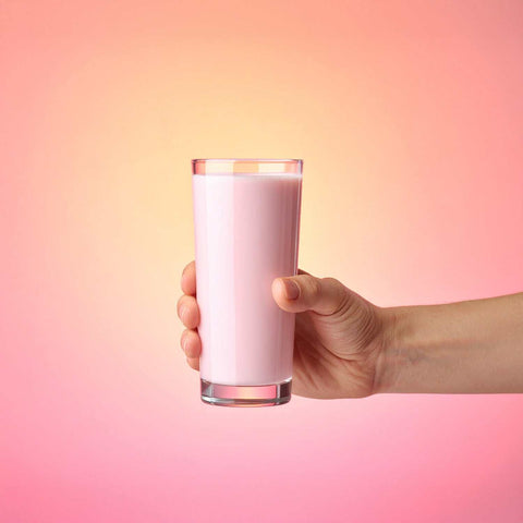 Hand holding a glass of pink keto protein shake against a gradient background.