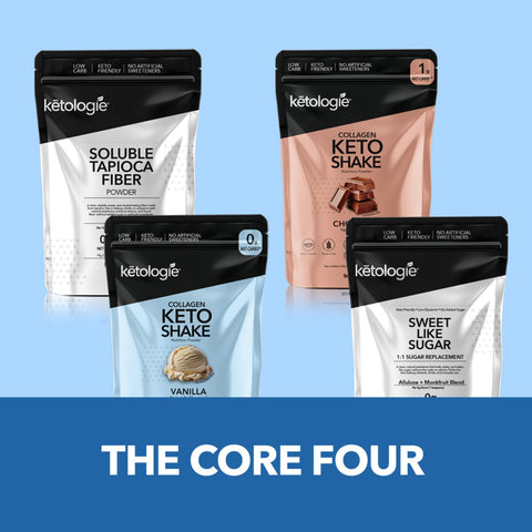 The Core Four keto bundle with chocolate and vanilla keto shakes, C8 MCT oil powder, and Sweet Like Sugar.