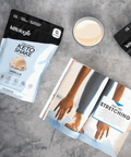 Vanilla Collagen Keto Shake packaging with a glass of shake and book on stretching.