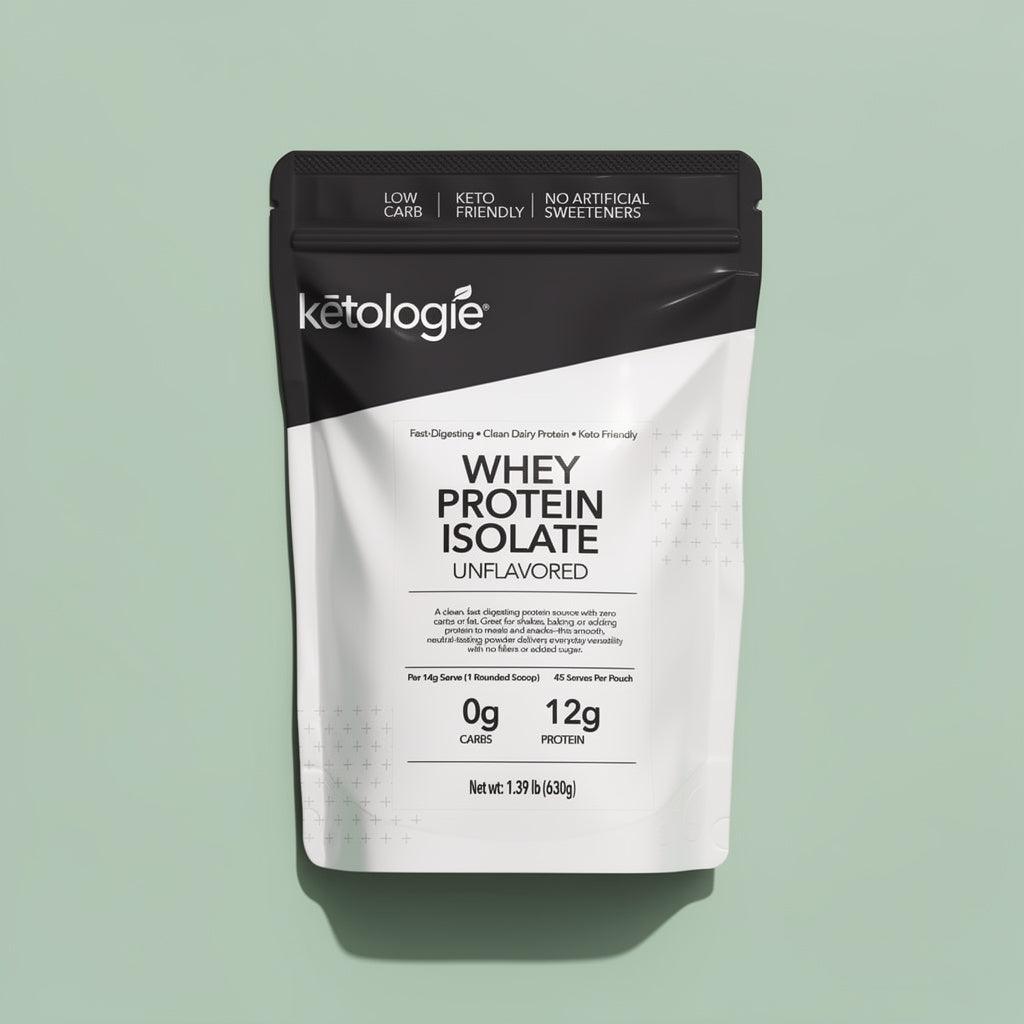 Whey Protein Isolate unflavored instantized powder with 12g protein per scoop for shakes and keto recipes